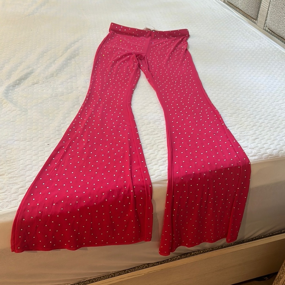 Womens pink bling Flared Bottoms sheer pants